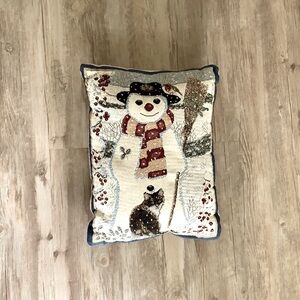 Anne Mortimer Snowman Cat Throw Pillow Tapestry Winter Vintage 16”x12”